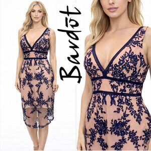 Bardot Nude Blue Embroidered Midi Dress Sheer Overlay Size 10 Large